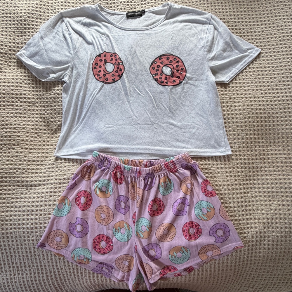 PrettyLittleThing White and Pink Donut Tee and Shorts Pajama Set